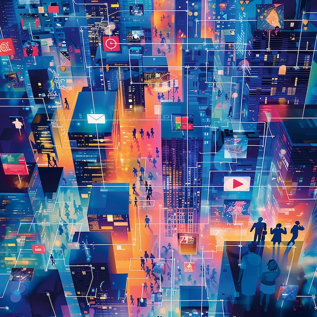 a colorful city with people on the top of it