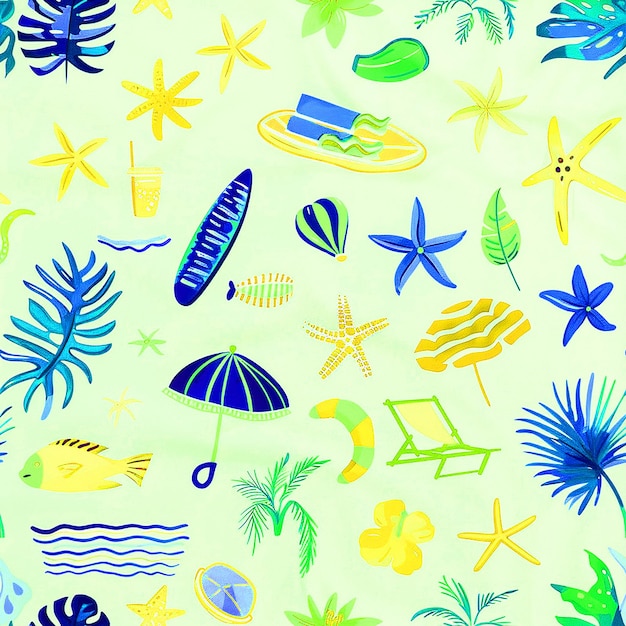a colorful display of beach themed items including tropical palm trees umbrellas and beach chairs