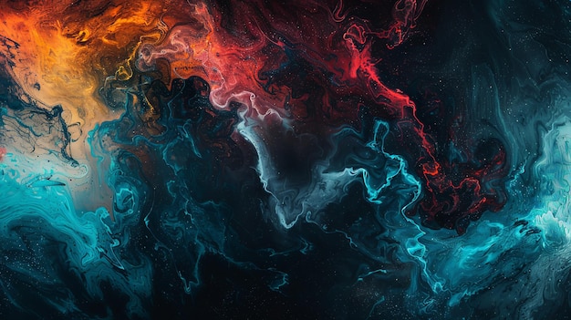 A colorful painting of a galaxy with blue red and yellow swirls