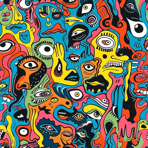 a colorful painting of a man and a woman with different faces