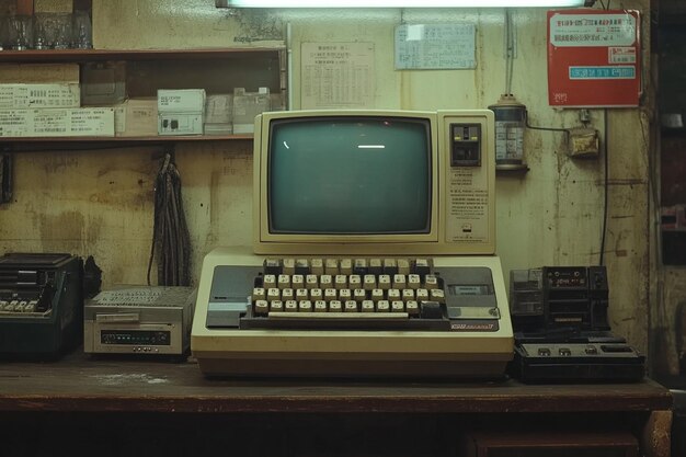 A computer desk in a dark room with a large window and a clock on the wall
