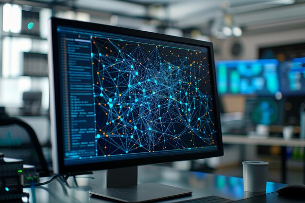 A computer monitor displaying a 3D visualization sitting on top of a desk A computer screen showing a 3D visualization of complex data structures in an office environment
