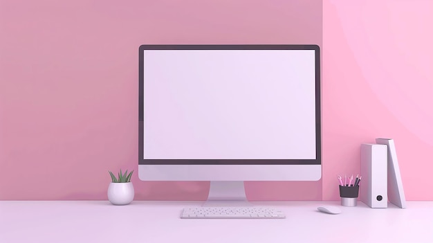 a computer monitor is on a desk for mockup on pink color background