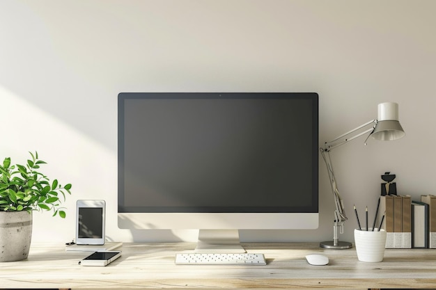 a computer monitor with a white keyboard and a mouse on a desk