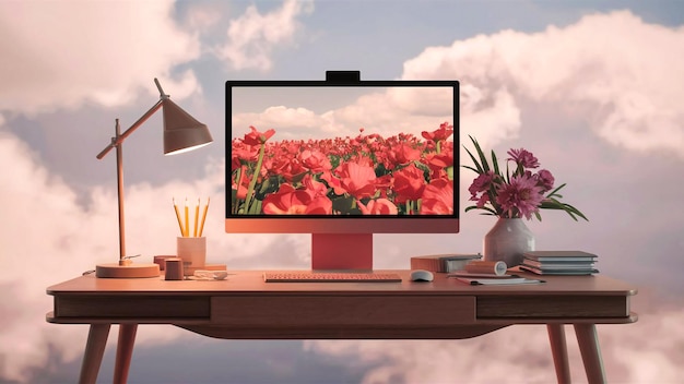 a computer monitor with flowers on the screen and a flower in the background