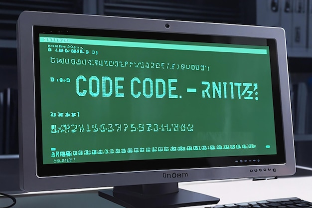 A computer monitor with the word code on the screen