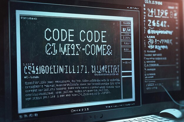 A computer monitor with the word code on the screen