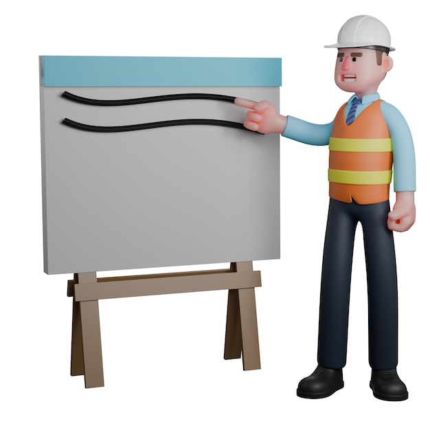 a construction worker with a safety vest pointing at a piece of paper