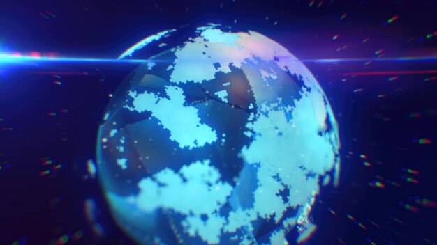 A cooltoned digital depiction of Earth showcasing pixelated patterns and futuristic