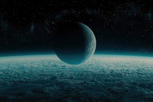 a crescent moon hanging over a cloudy planet