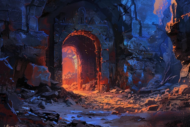 A Crumbling Stone Archway Leading Through a Dark Mystical Cave