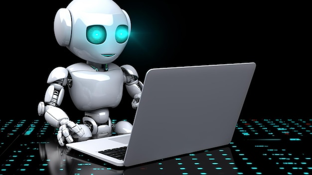 A Cute Robot working with laptop and speech bubble 3D