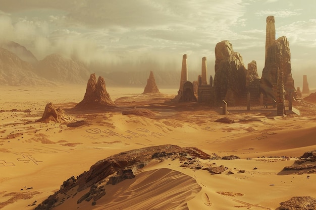 a desert landscape with a pyramid in the middle