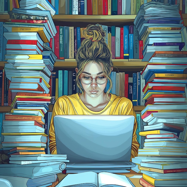 a determined female entrepreneur hard at work on her laptop with books around her