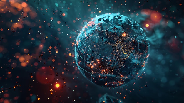 a digital image of earth with a glowing network of connections the image is set against a dark blue background and has a futuristic feel
