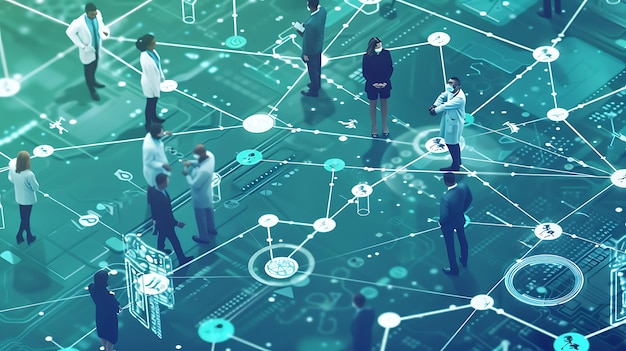 a digital image of people in white coats and the word data on the screen