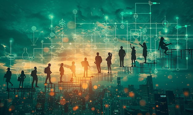 a digital painting of people on a bridge with a city in the background