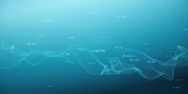 A digital wave with numerical data points on a blue gradient background depicting a concept of data analysis or digital information flow 3D Rendering