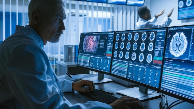 A doctor sits at a desk with a ct scan on the screen.