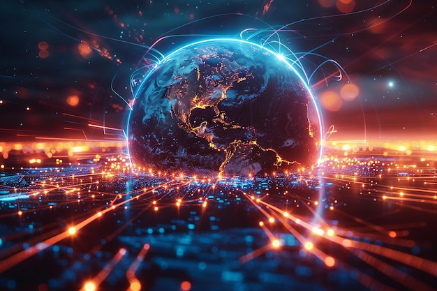 a dynamic abstract representation of earth as a sphere made up of neon lights and digital patterns