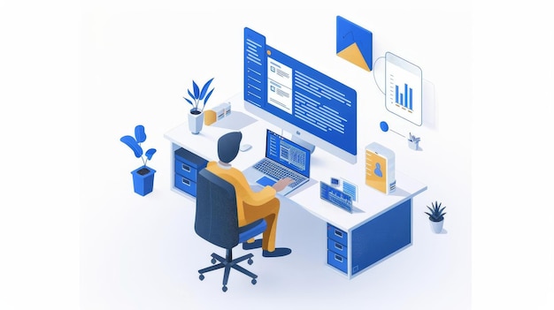 A dynamic workspace scene where a developer uses a laptop to connect with remote team members sharin