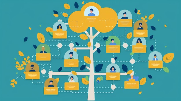 A family tree with yellow frames for photos and green leaves on a blue background
