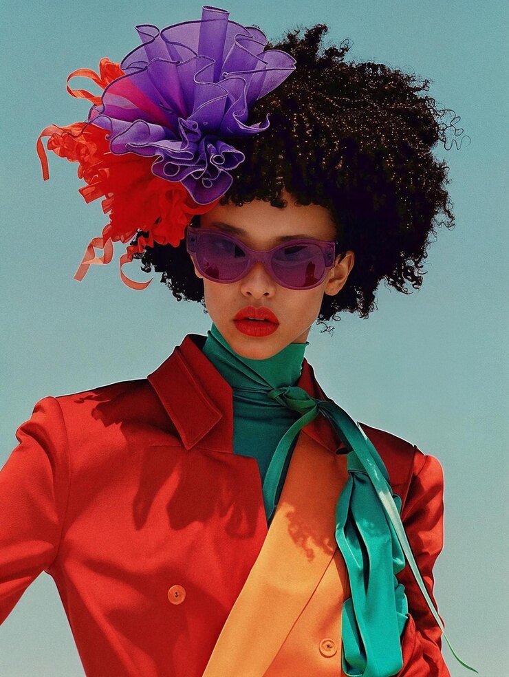 A fashion model wearing a vibrant outfit with a red jacket a green scarf and a large colorful flower accessory in their hair The background is a clear blue sky