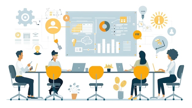A flat illustration of a businesswoman is leading a team showing great ideas in a meeting the office