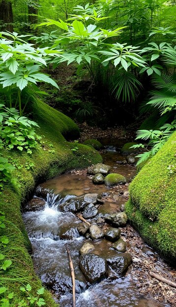 a forest with a stream running through it and a forest with a waterfall