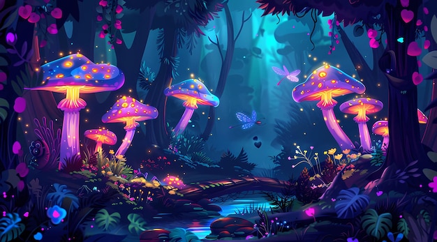 a forest with colorful mushrooms and butterflies on the bottom