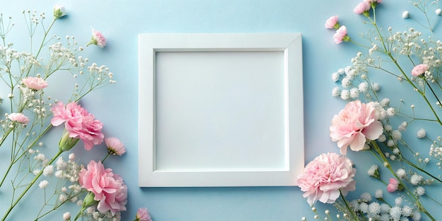 a frame with flowers on the wall and a picture of a frame with a frame that says  flowers