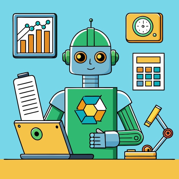 A friendly AI robot works on a laptop to boost business growth