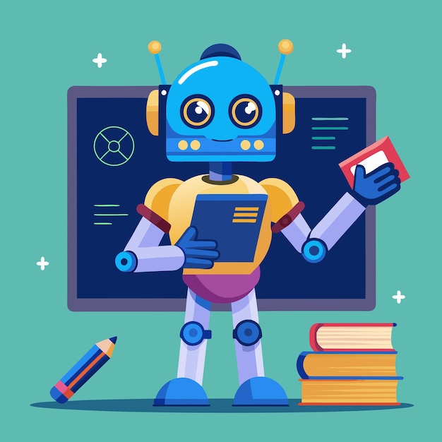 A friendly robot teacher stands with books and a pencil