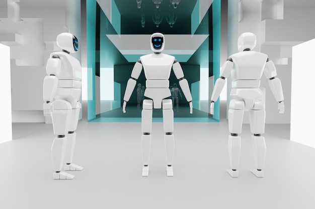 a full-length robot with a monitor on its face makes movement with its arms and legs on a blue background. 3d illustration.