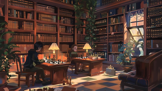 a game of chess is being played in a library