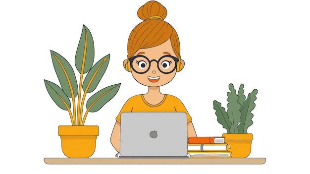 a girl with glasses on her laptop is looking at a laptop