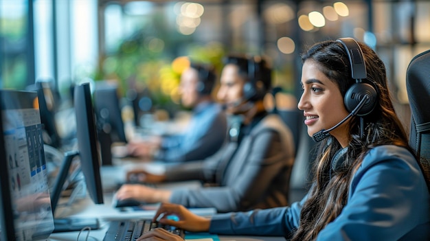 A girl with headphone and working on computer computer screen