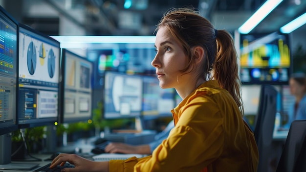 A girl with headphone and working on computer computer screen