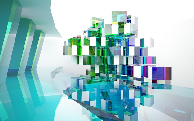 A glass table with a green and blue cubes on it