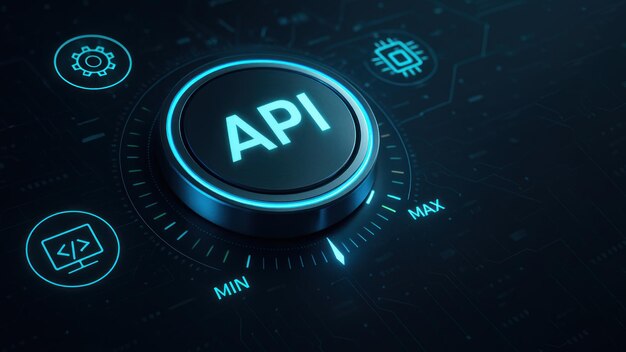 A glowing metallic dial marked with api in the center surrounded by abstract elements application programming interface api api programming