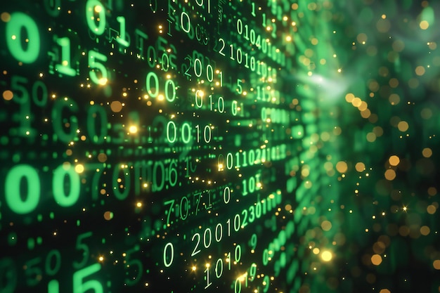 A green background with binary code of numbers and characters the binary number is in the center of