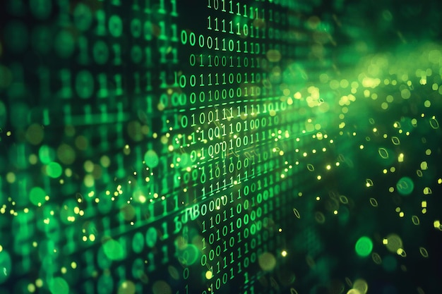 A green background with binary code of numbers and characters the binary number is in the center of