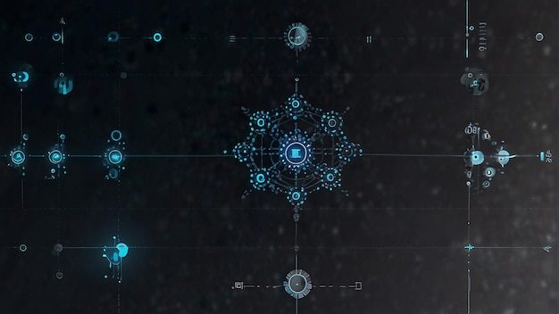 A grid of blue and white digital symbols on a black background