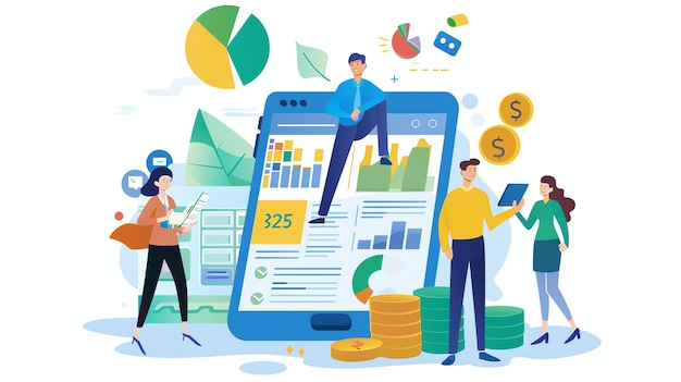 A group of people are using a mobile app to track their finances The app is designed