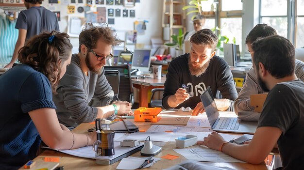a group of people sit around a table with a laptop and a card that says quot w quot on it
