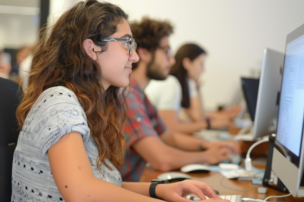 A group of people sitting in front of a computer screen