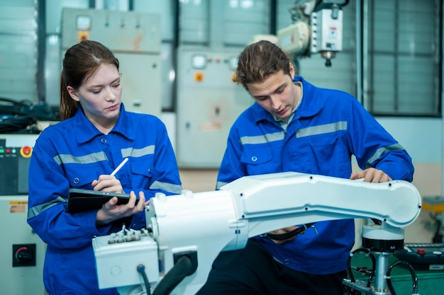 A group of Robotics engineers working with Programming and Manipulating Robot Hand