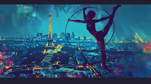 a gymnast performing on the rings with the eiffel tower visible rendered in sleek vector design