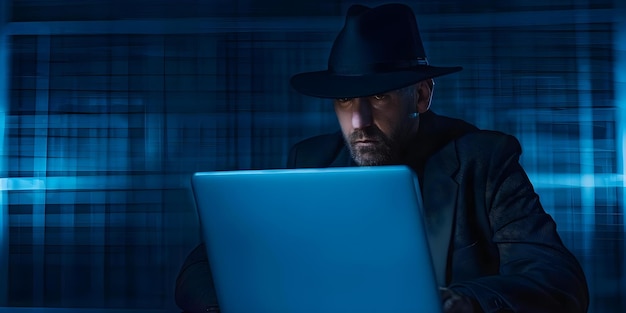 A hacker wearing a hat gains unauthorized access to personal information on a laptop Concept Cybersecurity Hacking Data Privacy Technology Unauthorized Access