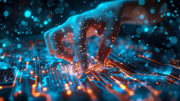 A hand is touching a computer chip The image is a representation of the human touch on technology